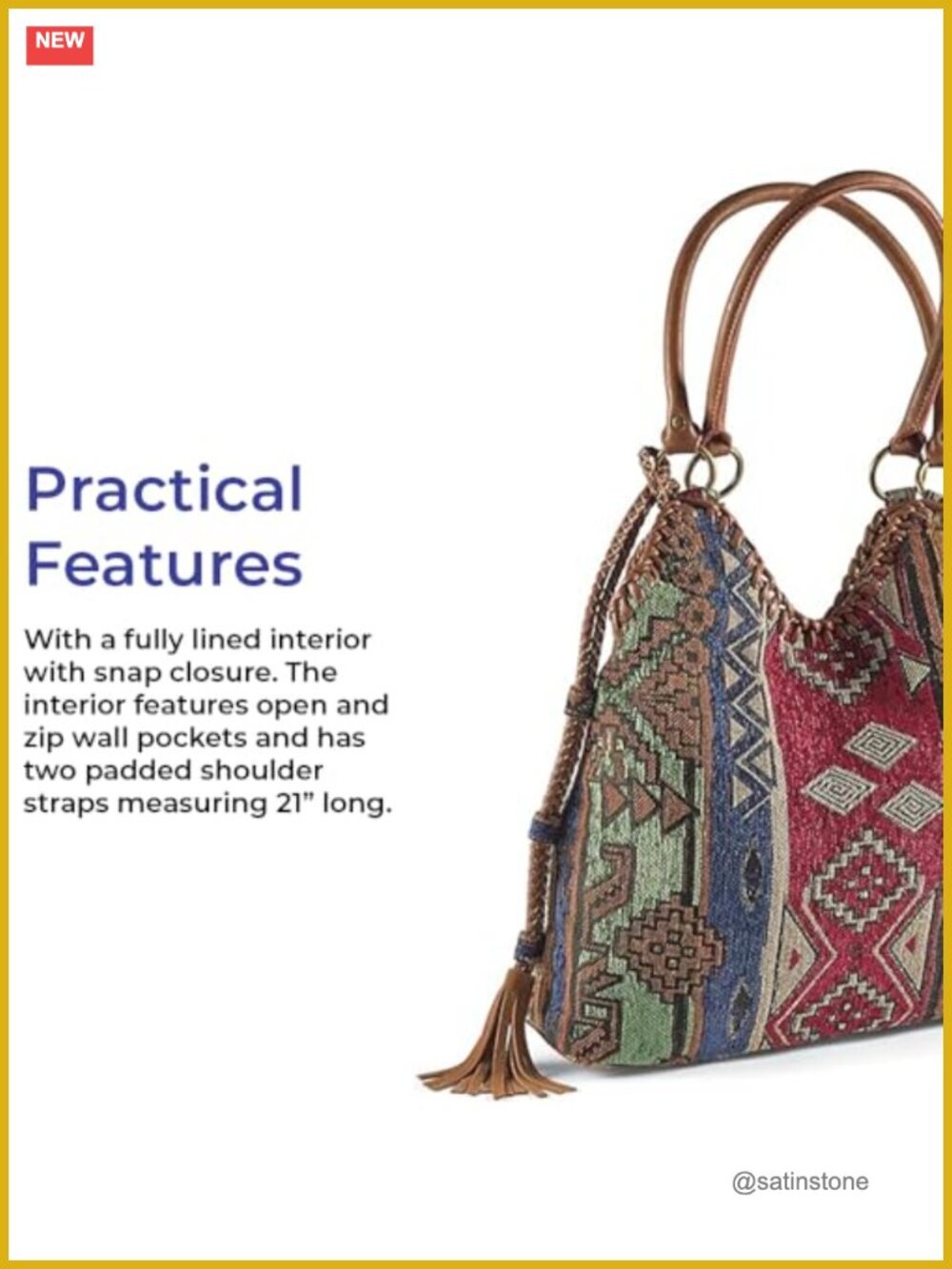 Tapestry Hobo Bag with Snap Closure, Lined Interior, Pockets, Double Handles 21" - Picture 5 of 6